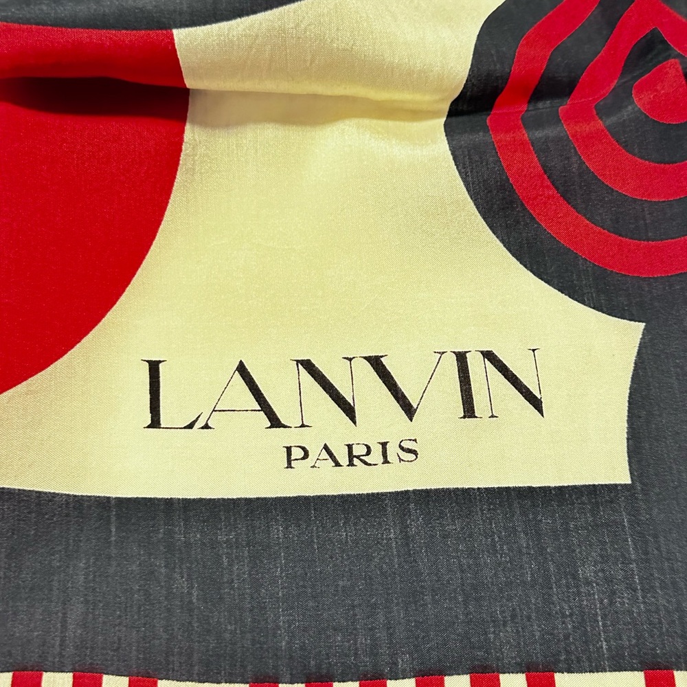 Lanvin Paris Vintage Red, Black, Cream, Orange Geometric Patterns Silk Scarf